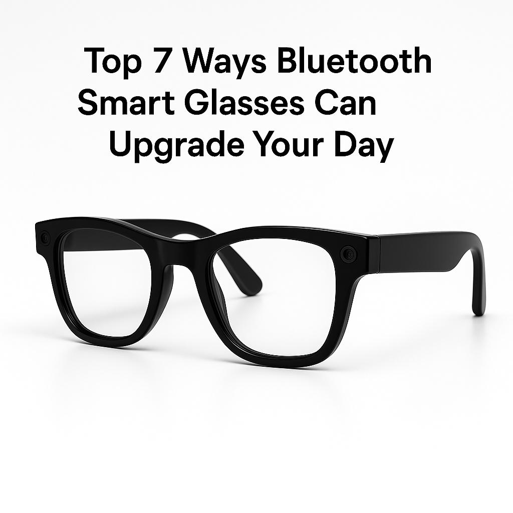 Image of black Bluetooth smart glasses with text that reads ‘Top 7 Ways Bluetooth Smart Glasses Can Upgrade Your Day