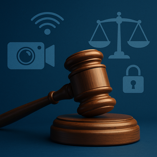 Icon of a camera and gavel next to smart glasses, representing the legal aspects of recording eyewear.