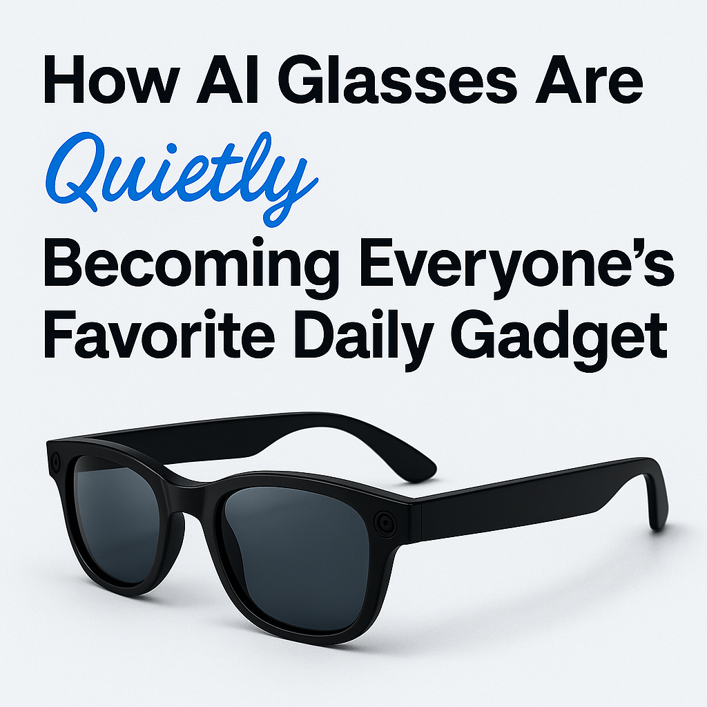 Black Bluetooth AI smart glasses with built-in 1080p camera, voice control, and speakers, displayed with text overlay reading ‘How AI Glasses Are Quietly Becoming Everyone’s Favorite Daily Gadget.
