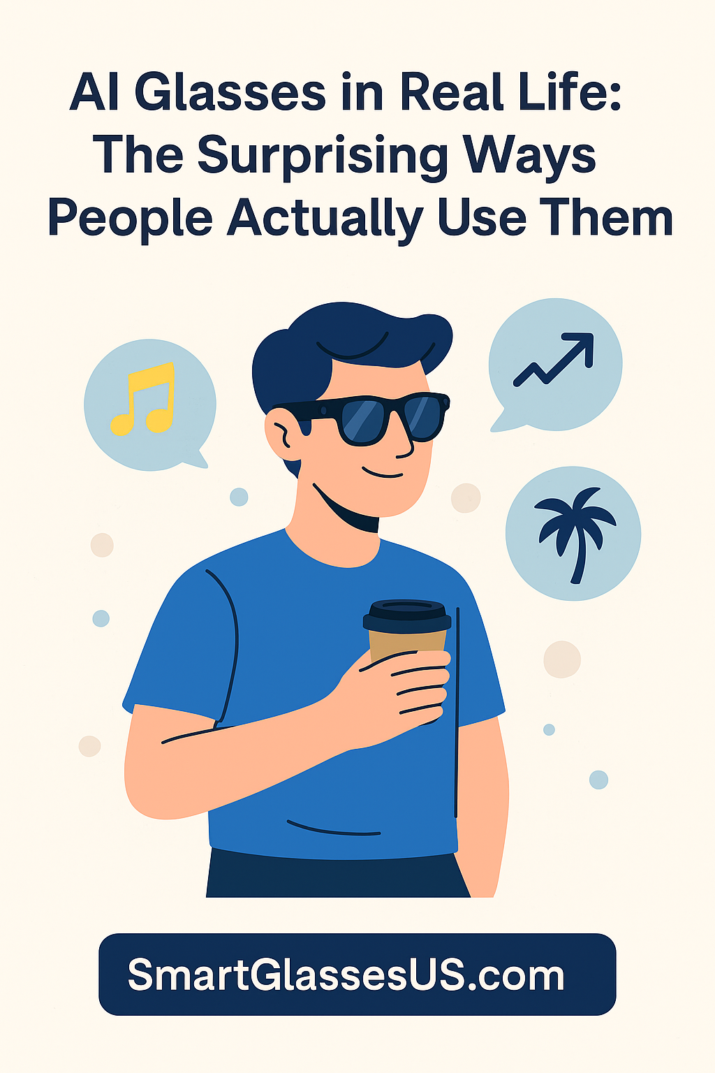 Illustrated man wearing black Bluetooth AI smart glasses, holding a coffee cup with icons of music, travel, and productivity, alongside the text ‘AI Glasses in Real Life: The Surprising Ways People Actually Use Them’ and SmartGlassesUS.com.