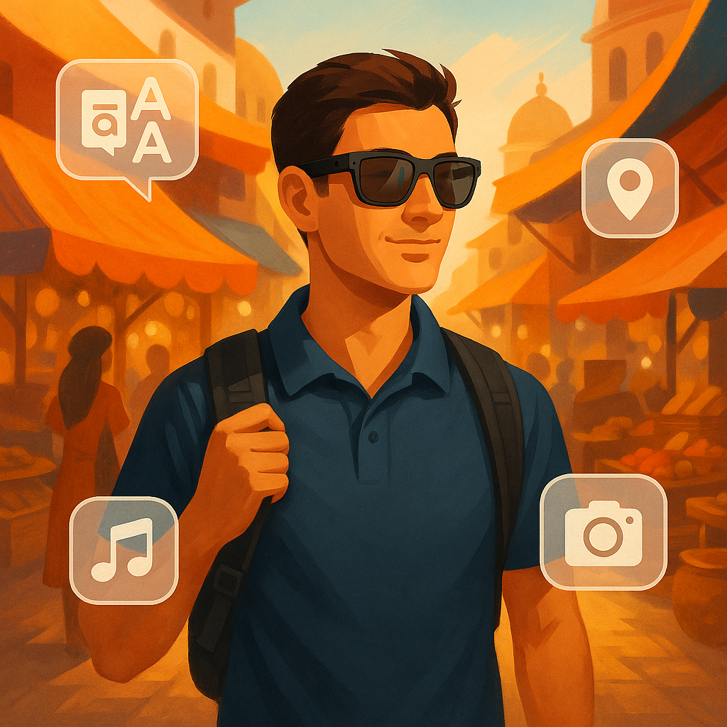 Man wearing AI smart glasses in a marketplace with icons for translation, location, music, and camera features.