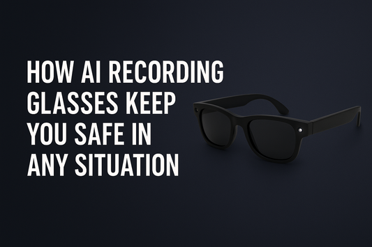 Black AI smart glasses on a dark background with text overlay reading ‘How AI Recording Glasses Keep You Safe in Any Situation,’ promoting discreet 1080p video capture, Bluetooth audio, and voice control from SmartGlassesUS.com.