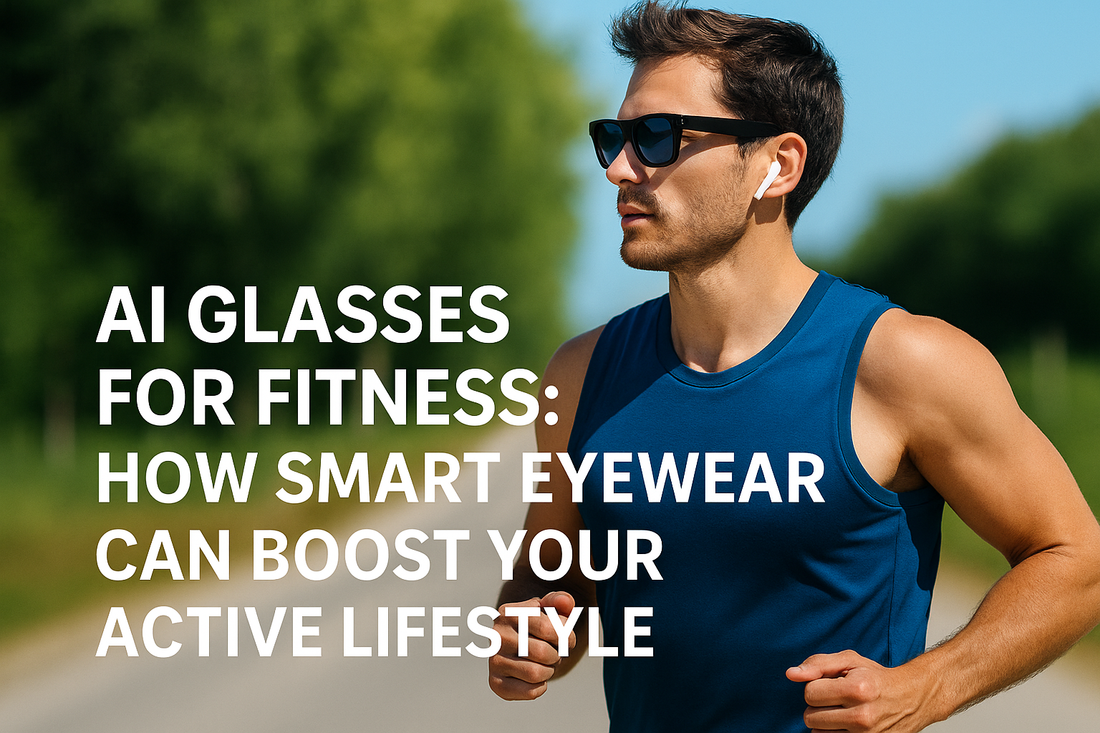 Man wearing AI smart glasses for fitness, running outdoors in athletic wear, demonstrating how smart eyewear enhances active lifestyle.