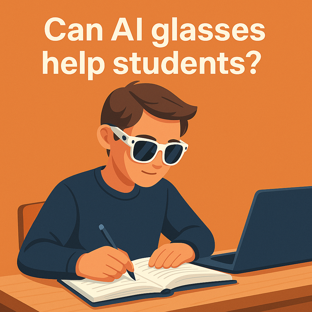 Illustration of a student wearing AI smart glasses while studying, showcasing educational applications.