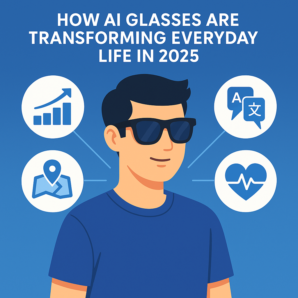Illustration of a man wearing AI smart glasses with icons for data analysis, navigation, translation, and health tracking.