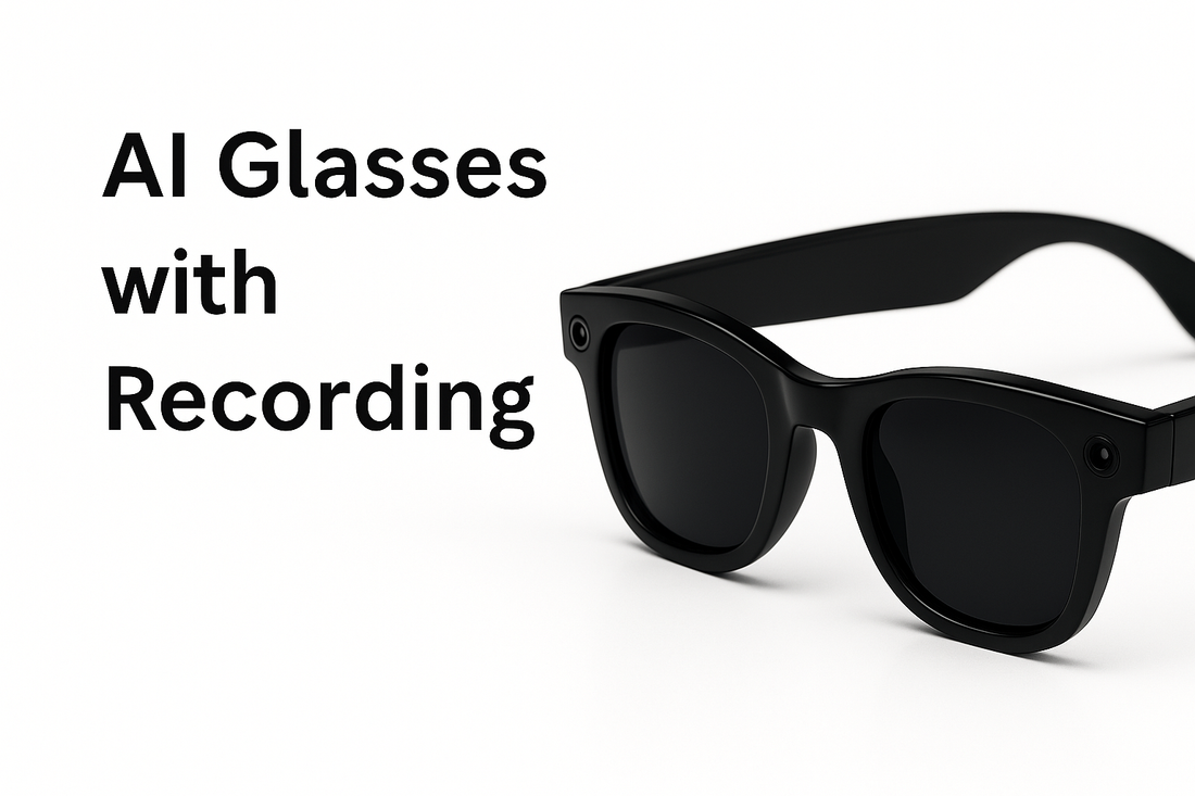 A promotional digital image of AI smart glasses with built-in camera and Bluetooth capabilities, highlighting hands-free video recording, music playback, and voice control features from SmartGlassesUS.com.
