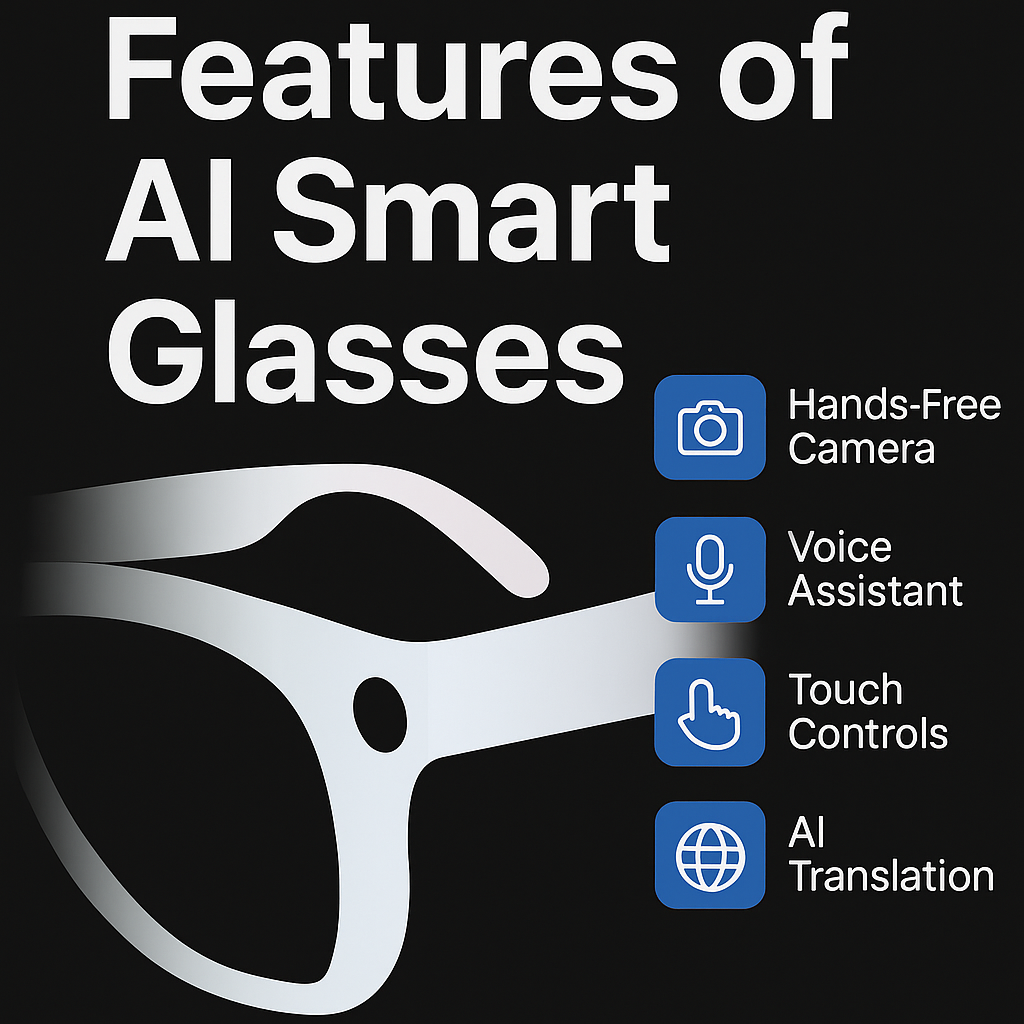 Promotional graphic showing AI Smart Glasses with key features: hands-free camera, voice assistant, touch controls, and AI translation, displayed with blue icons on a black background.