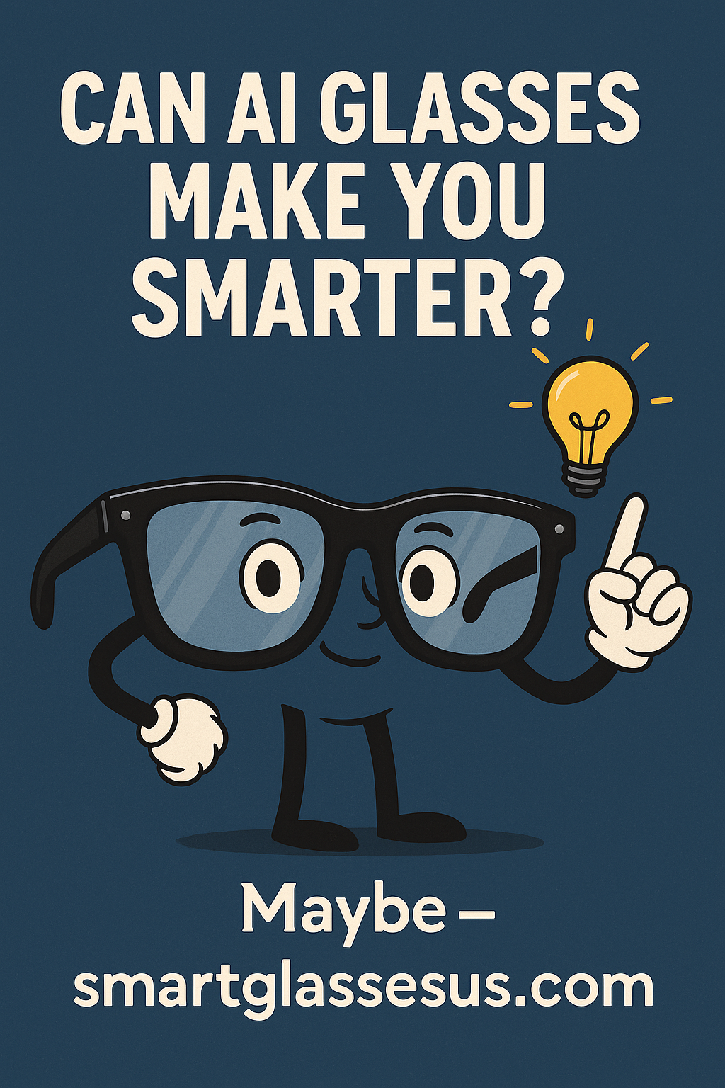 Illustration of cartoon-style glasses holding a glowing light bulb, with the text ‘Can AI Glasses Make You Smarter? Maybe – smartglassesus.com’ on a dark blue background.