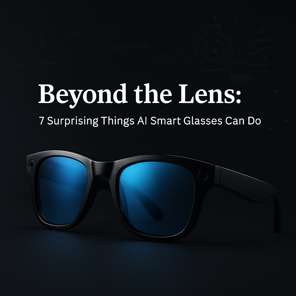 Black AI smart glasses on a dark background, highlighting advanced features beyond traditional eyewear.