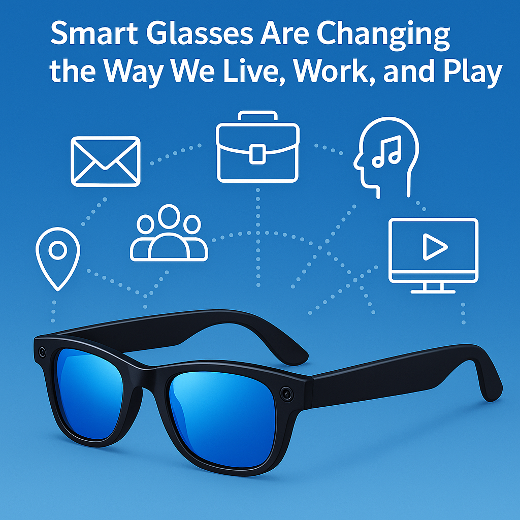 Blue smart glasses icon surrounded by lifestyle, work, and play symbols representing the impact of smart eyewear