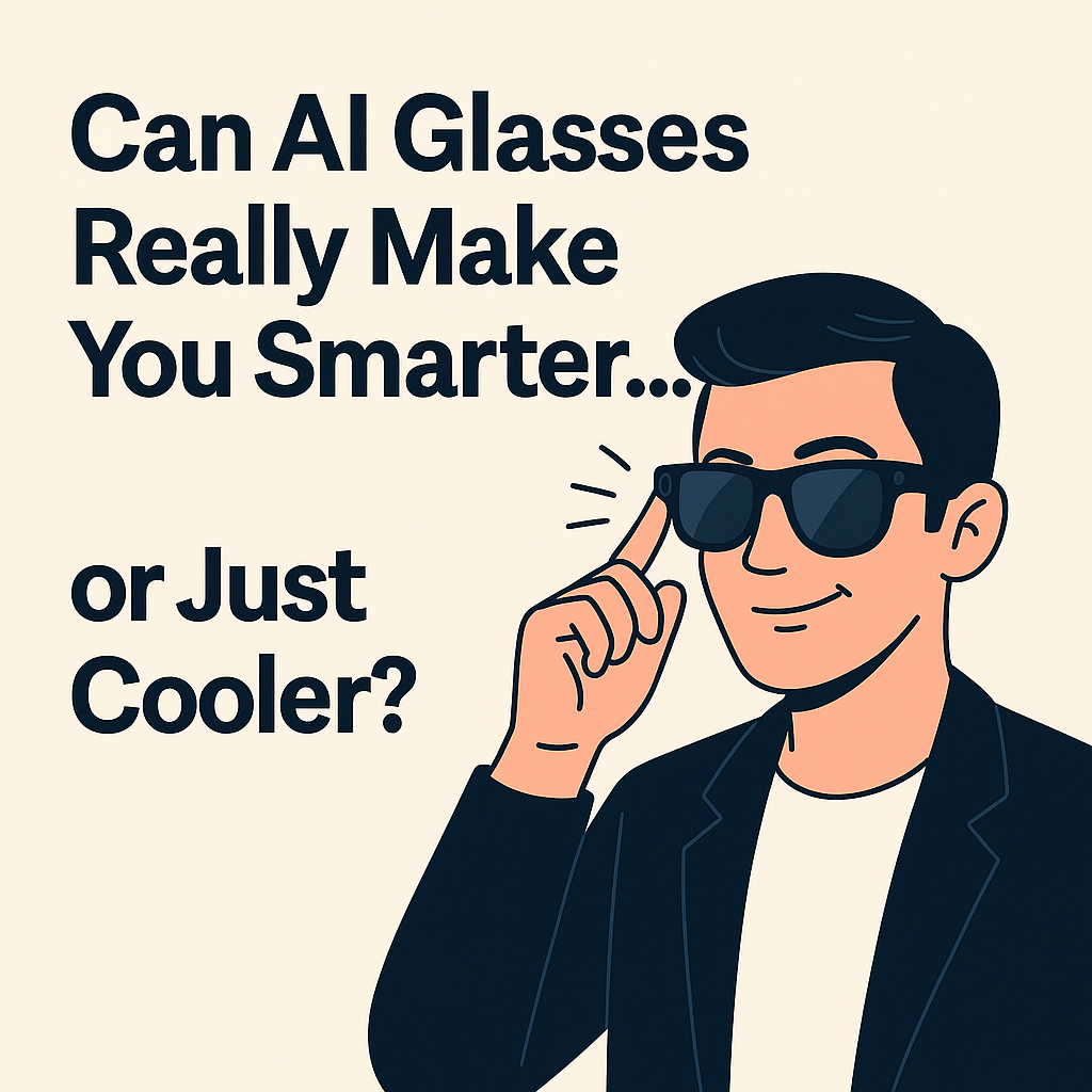 Illustration of a man in a black jacket adjusting his dark sunglasses with one hand, smiling confidently. Text reads: ‘Can AI Glasses Really Make You Smarter… or Just Cooler?’ on a light beige background.