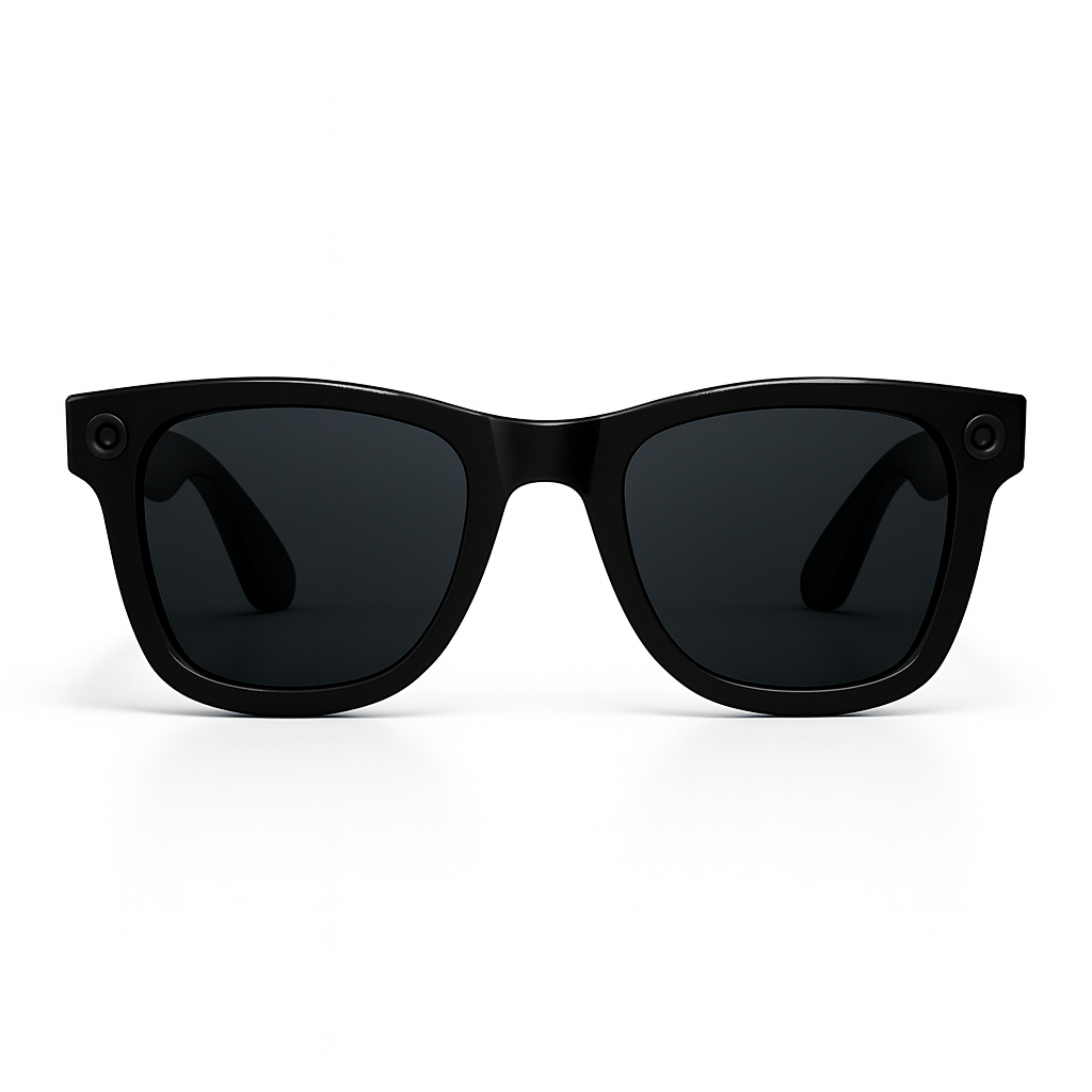 AI smart glasses in sleek black frames with dark black lenses, featuring built-in HD camera for video and photo recording.