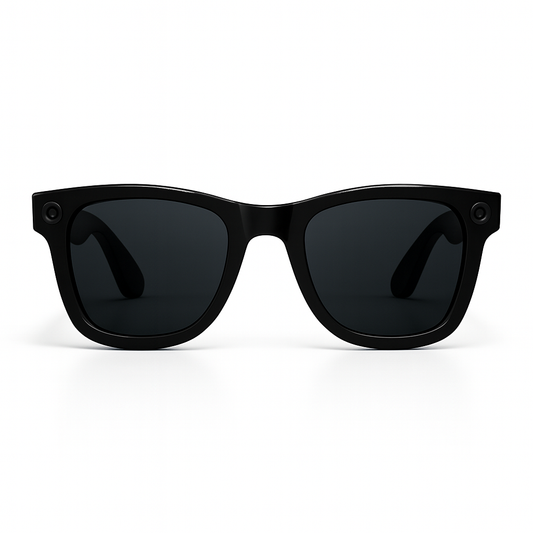 AI smart glasses in sleek black frames with dark black lenses, featuring built-in HD camera for video and photo recording.