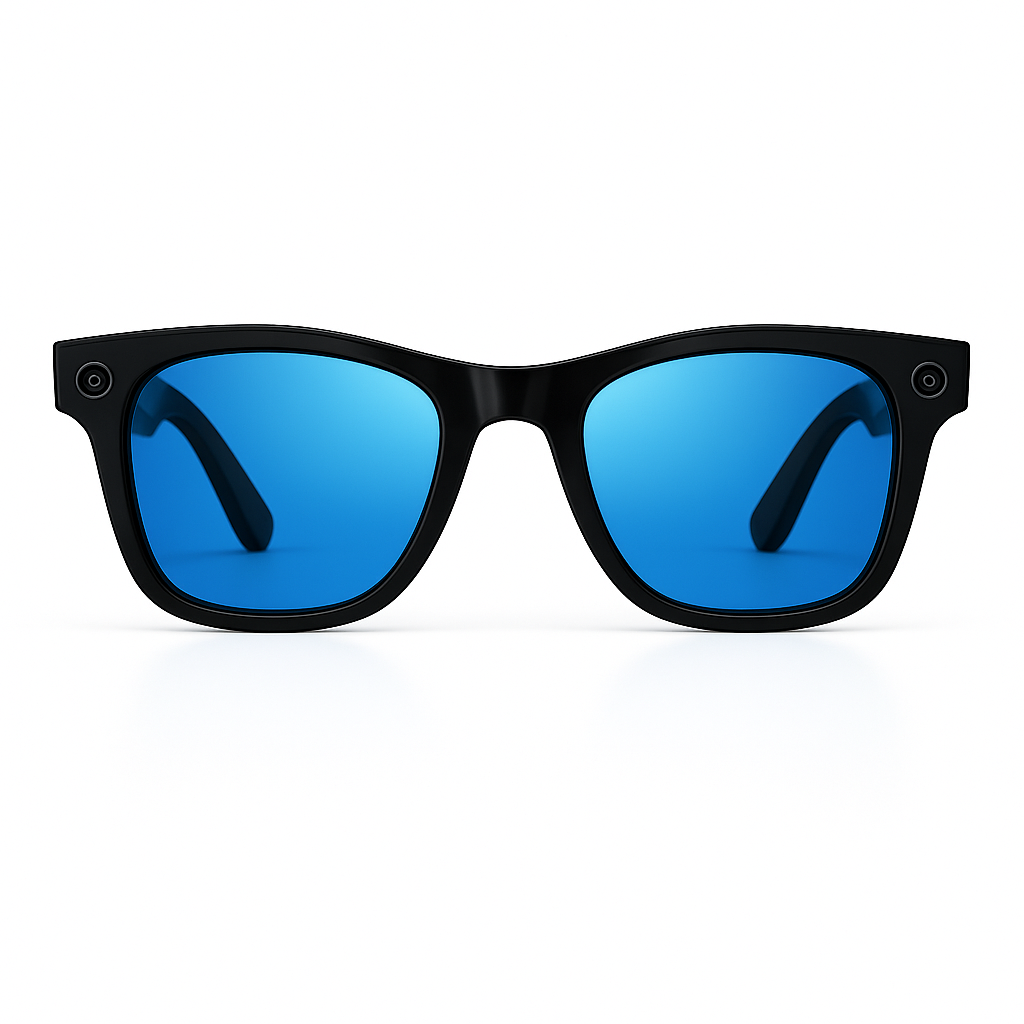 Black frame AI smart glasses with reflective blue lenses and HD camera, perfect for hands-free video and photo capture.
