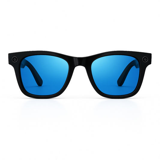 Black frame AI smart glasses with reflective blue lenses and HD camera, perfect for hands-free video and photo capture.