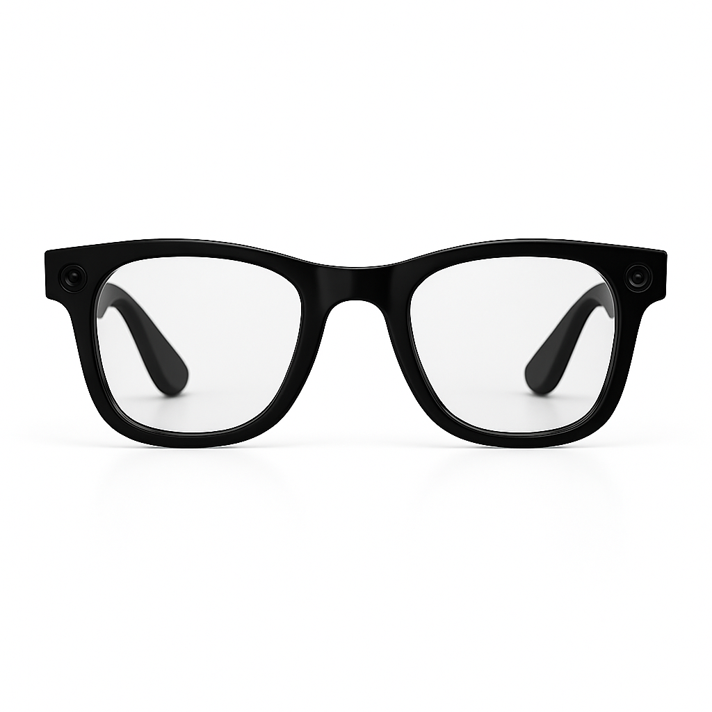 Modern black frame AI smart glasses with clear lenses, integrated HD camera for capturing high-quality photos and videos.