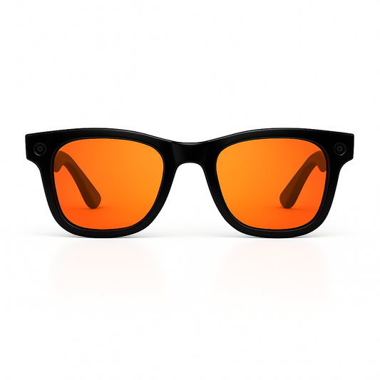 Stylish black frame AI smart glasses with red-tinted lenses, equipped with HD camera for discreet video and photography.