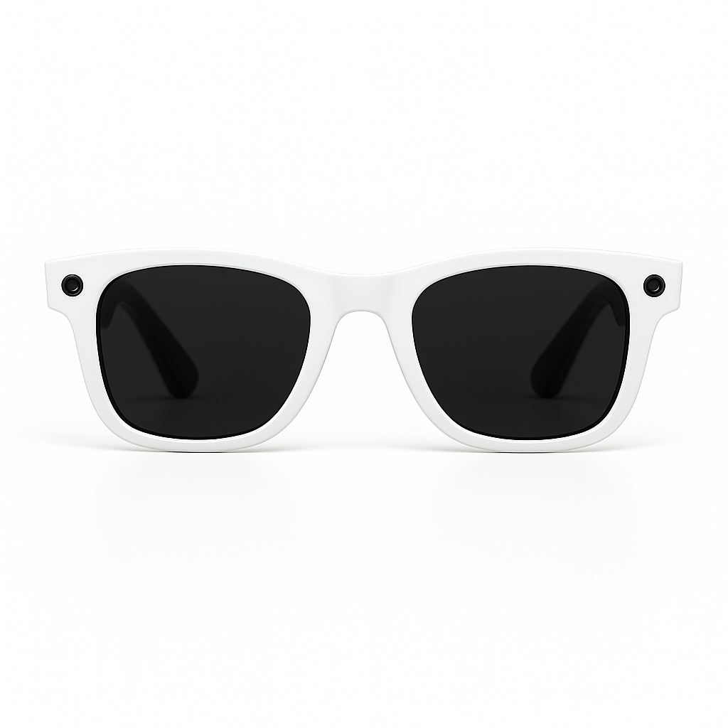 White frame AI smart glasses with sleek dark lenses and HD camera, combining style with advanced recording technology.