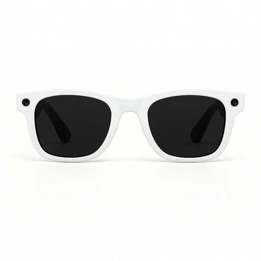 White frame AI smart glasses with sleek dark lenses and HD camera, combining style with advanced recording technology.