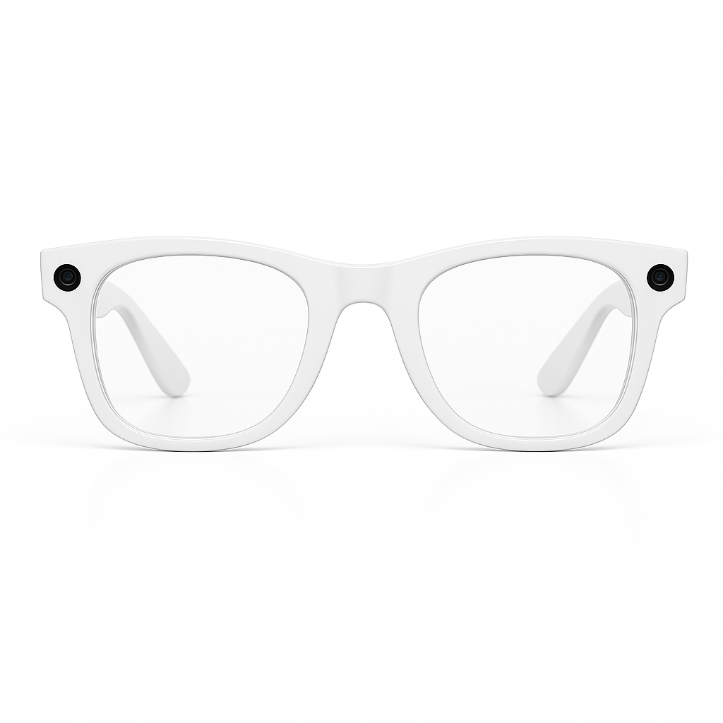 White frame AI smart glasses with crystal-clear lenses, built-in HD camera for hands-free photography and videography.