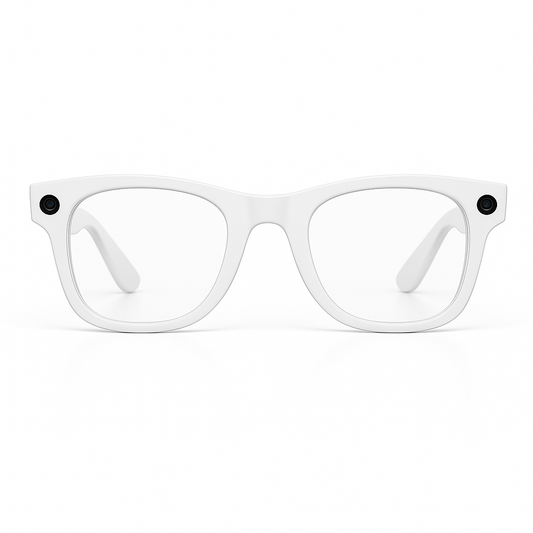 White frame AI smart glasses with crystal-clear lenses, built-in HD camera for hands-free photography and videography.