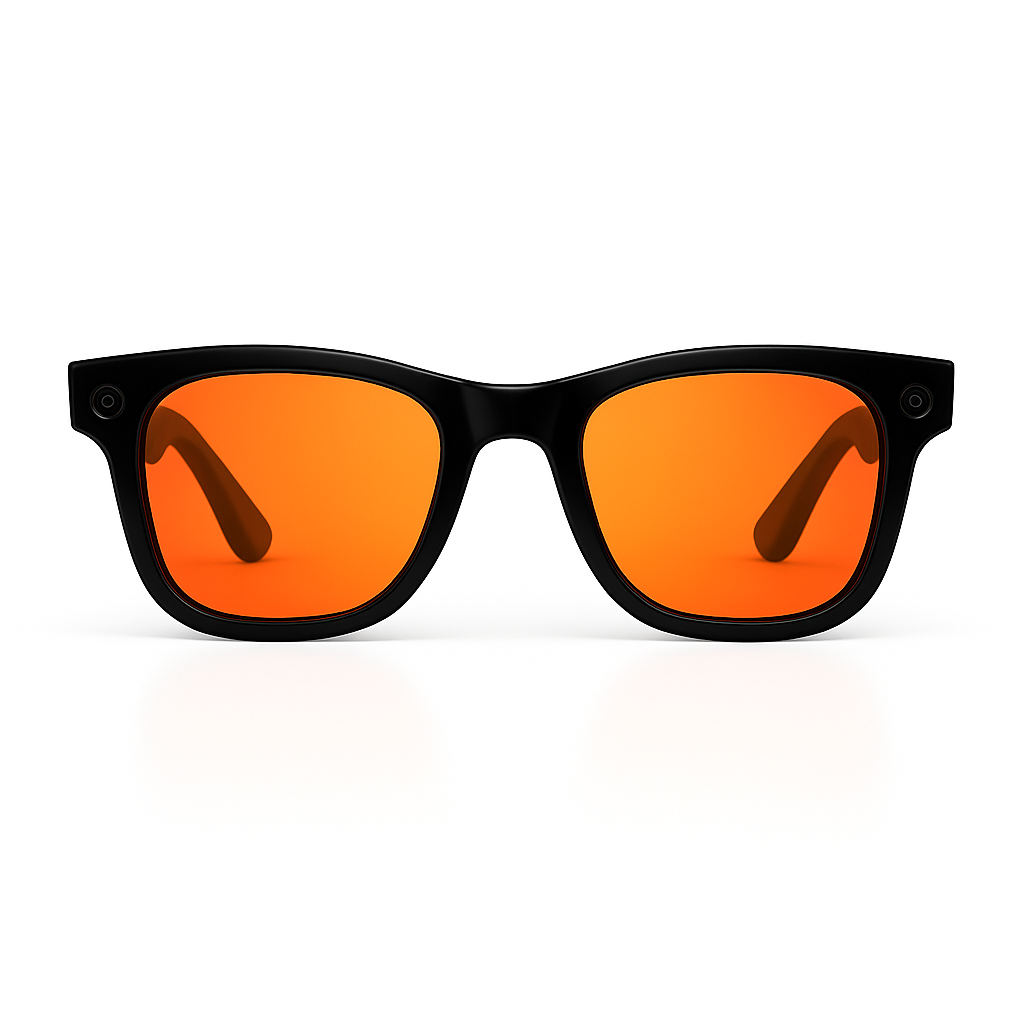 Stylish black frame AI smart glasses with red-tinted lenses, equipped with HD camera for discreet video and photography.